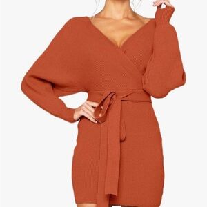 Burnt orange sweater dress with tie